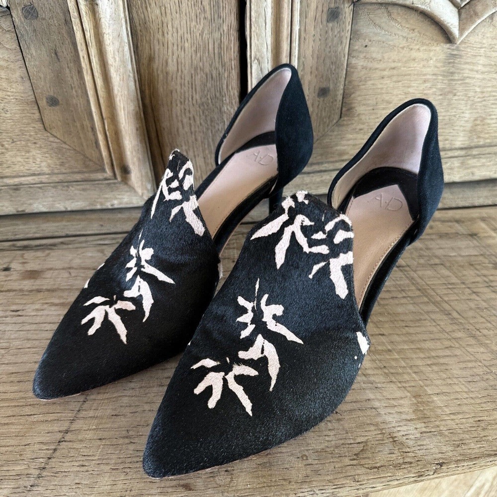 AD & Daughters Calf Hair Black Leather Heels Sz 5.5 Vero Cuoio Western Floral